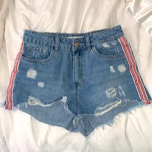 Striped Distressed Jean Shorts